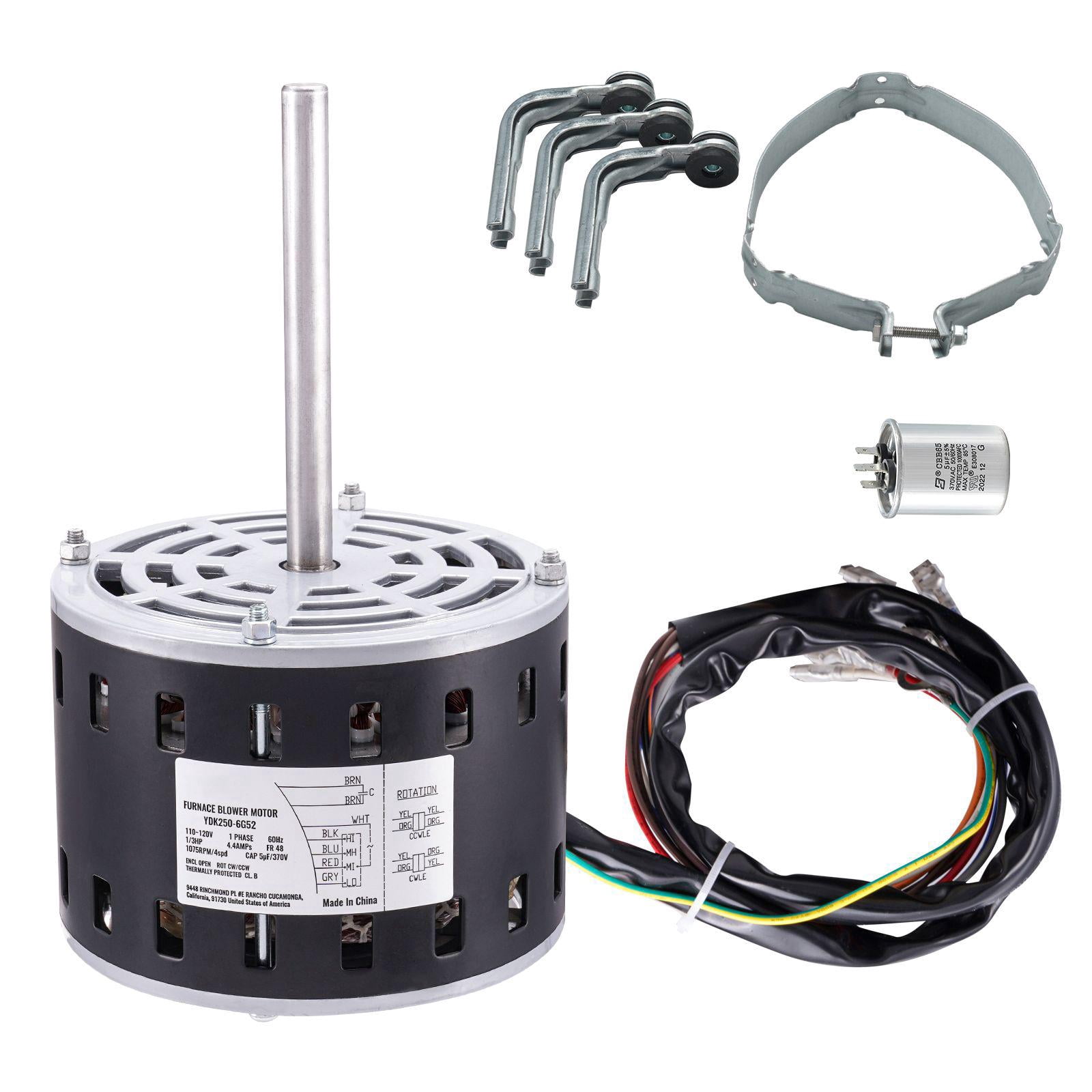 1/3 HP Furnace Blower Motor 110 120V 4.4 Amps 1075 RPM 4 Speeds CW CCW Rotation 48 Frame 5.2 Inch Shaft Length 5μF 370V Capacitor with 11 Inch Hold Hoop