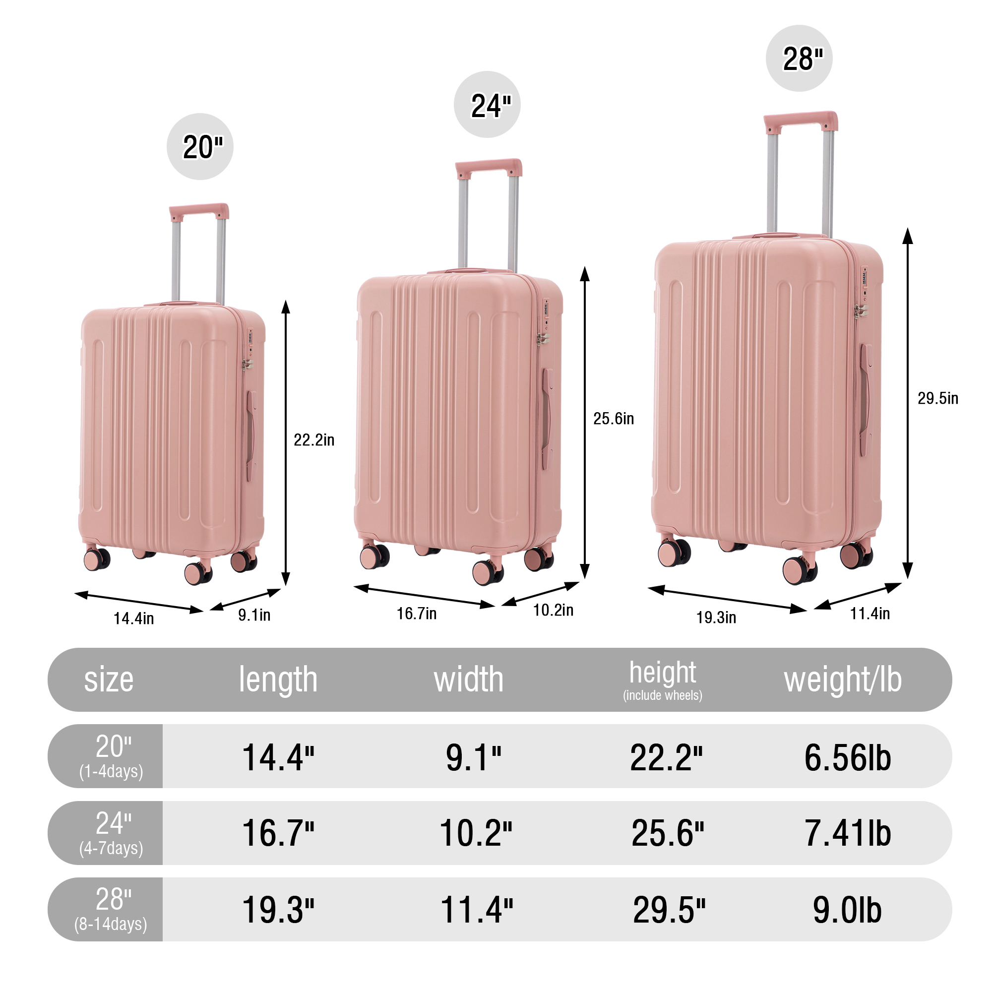 20"/24"/28" 3 pcs/set in ABS Spinner Wheel Luggage, Carry on Suitcase
