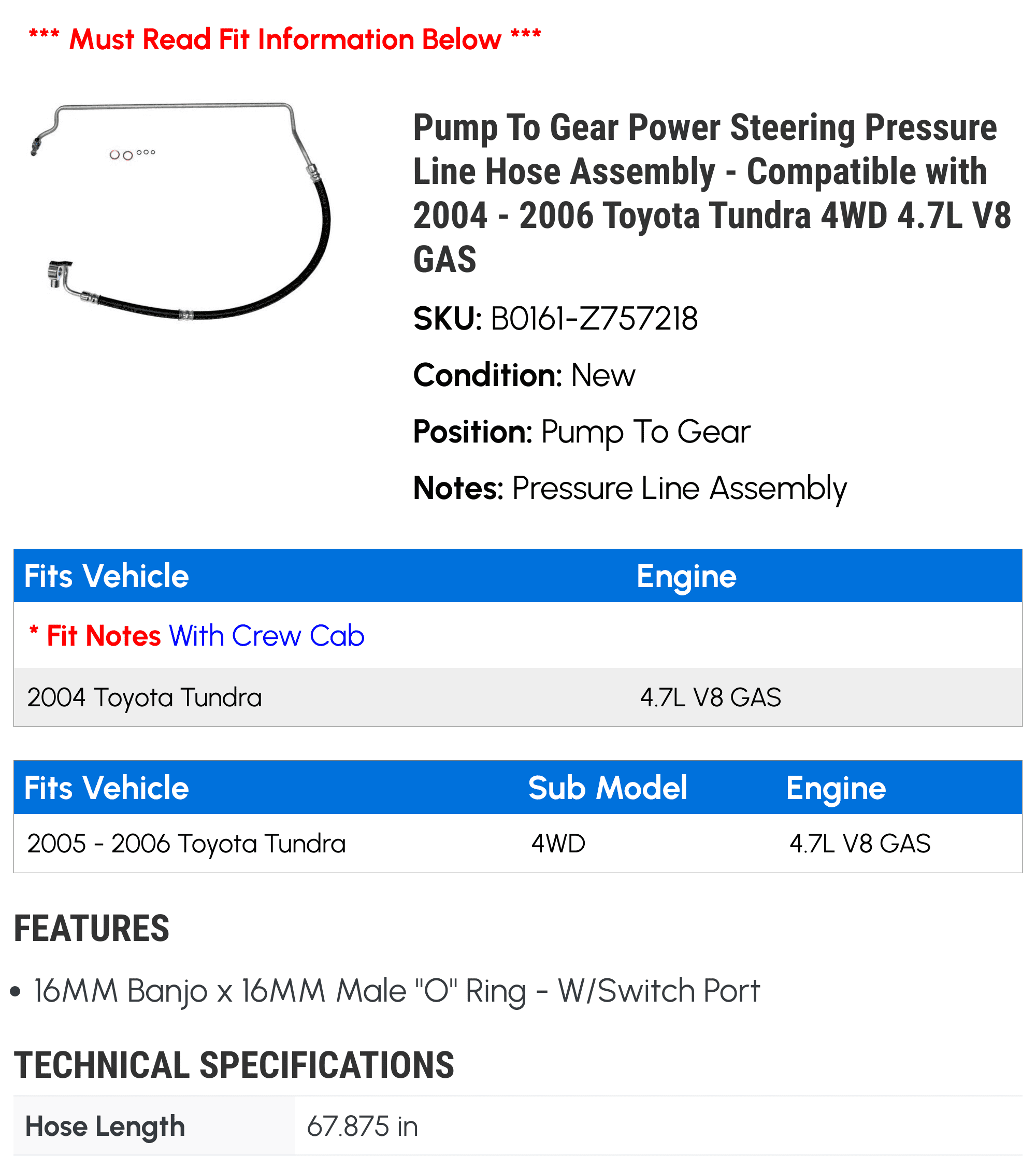 Pump To Gear Power Steering Pressure Line Hose Assembly - Compatible with 2004 - 2006 Toyota Tundra 4WD 4.7L V8 GAS 2005
