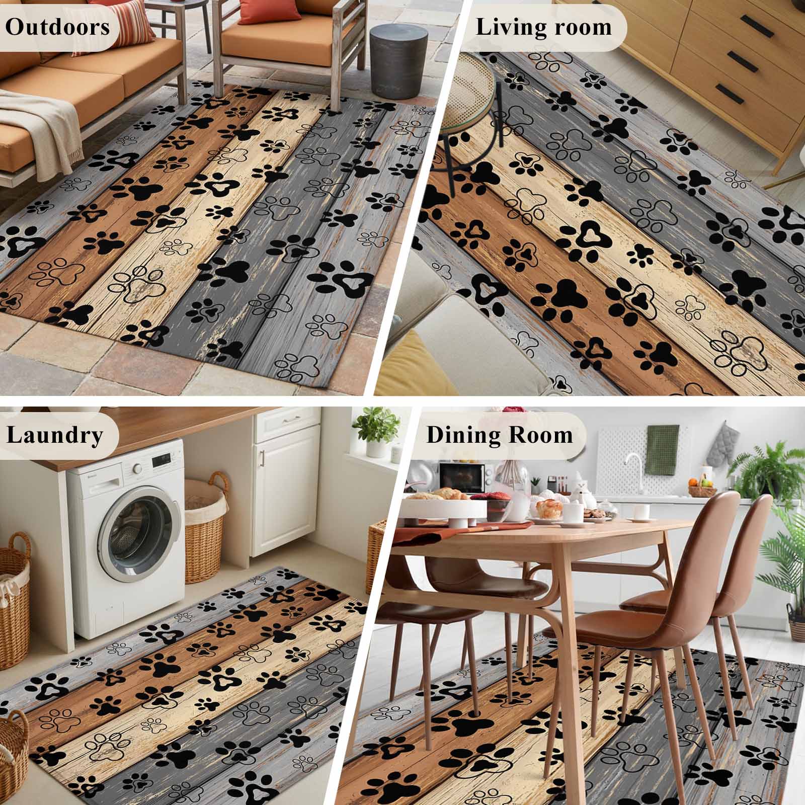 Area Rug for Living Room, Haze Blue Brown Non-Slip Indoor Large Carpet for Bedroom/Dining Room, Rustic Farmhouse Dog Paw Vintage Washable Low-Profile Rectangle Floor Mat Runner Rugs - 3 x 5 Ft