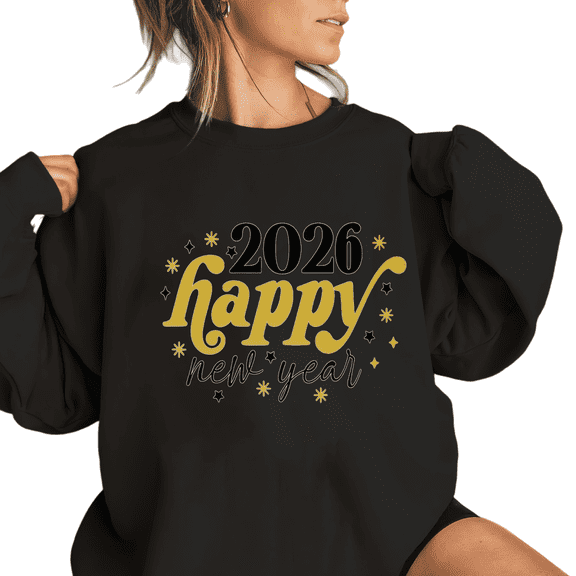 Women Snowflake 2026 Happy New Year Theme Graphic Tee T Shirt Gold Pattern Tees Tops Round-neck long-sleeved Black S-3XL