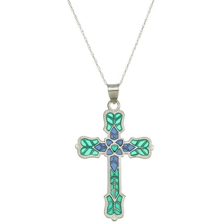Sterling Silver Green and Blue Stained Glass Cross, 18