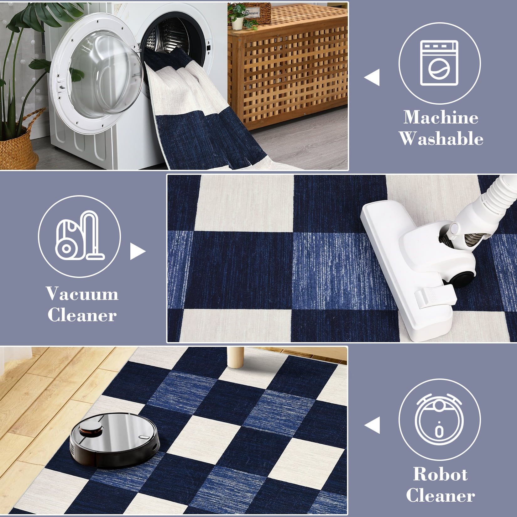 Garvee 8'x10' Living Room Rug Modern Geometric Rug Stain-Resistant Lightweight Rugs Plaid Rugs for Dining Room Home Office, Navy Blue