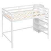 Euroco Modern Wood Full Size Loft Bed with Storage Wardrobe and Shelves for Kids Teens, White