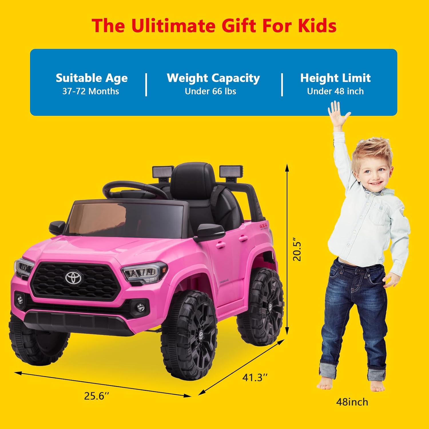 12V Licensed Toyota Tacoma Electric Car with Remote Control, Spring Suspension, Safety Belt, 2-Speed Ride-On Vehicle with Headlights, Pink