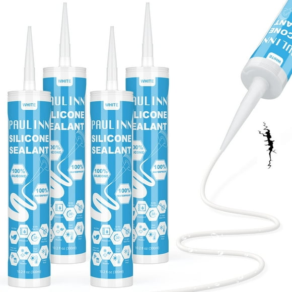 PAULINN White Silicone Caulk 100% Silicone Caulk Waterproof for RV, Kitchen, Bath, General Use, Window, Door, Glass, Marine, 10.2 Oz, 4 Packs