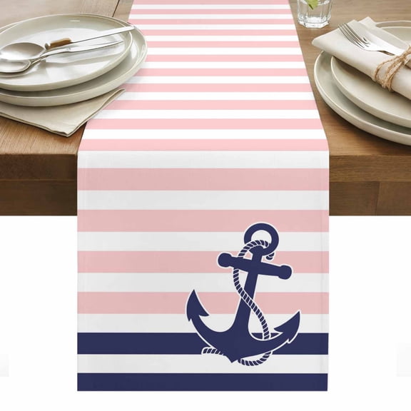 Anchor Pink Table Runner - 108 Inch Long, Kitchen Dining Table Runner Dresser Scarves, Modern Navy Blue White Striped Nautical Farmhouse Decor for Coffee Tables Wedding Party Banquet