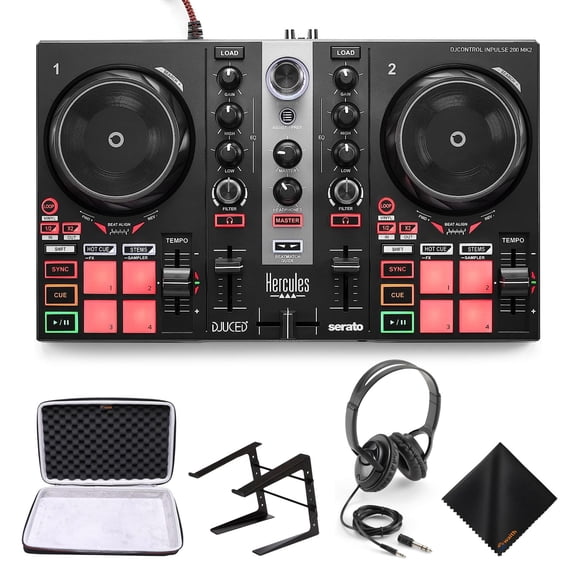 Hercules DJ Controller Inpulse 200 MK2 - 2 Deck USB DJ Controller with Over-Ear Headphones, On-Stage Laptop Stand, Waith DJ Controller Hard Carrying Case and Waith Cleaning Cloth (Bundle Set)