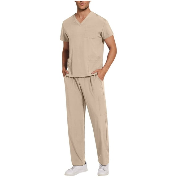Men’s Scrubs Set V-Neck Short Sleeve Scrub Top and Scrub Pants Nursing Medical Uniform Breathable Sets with Pockets