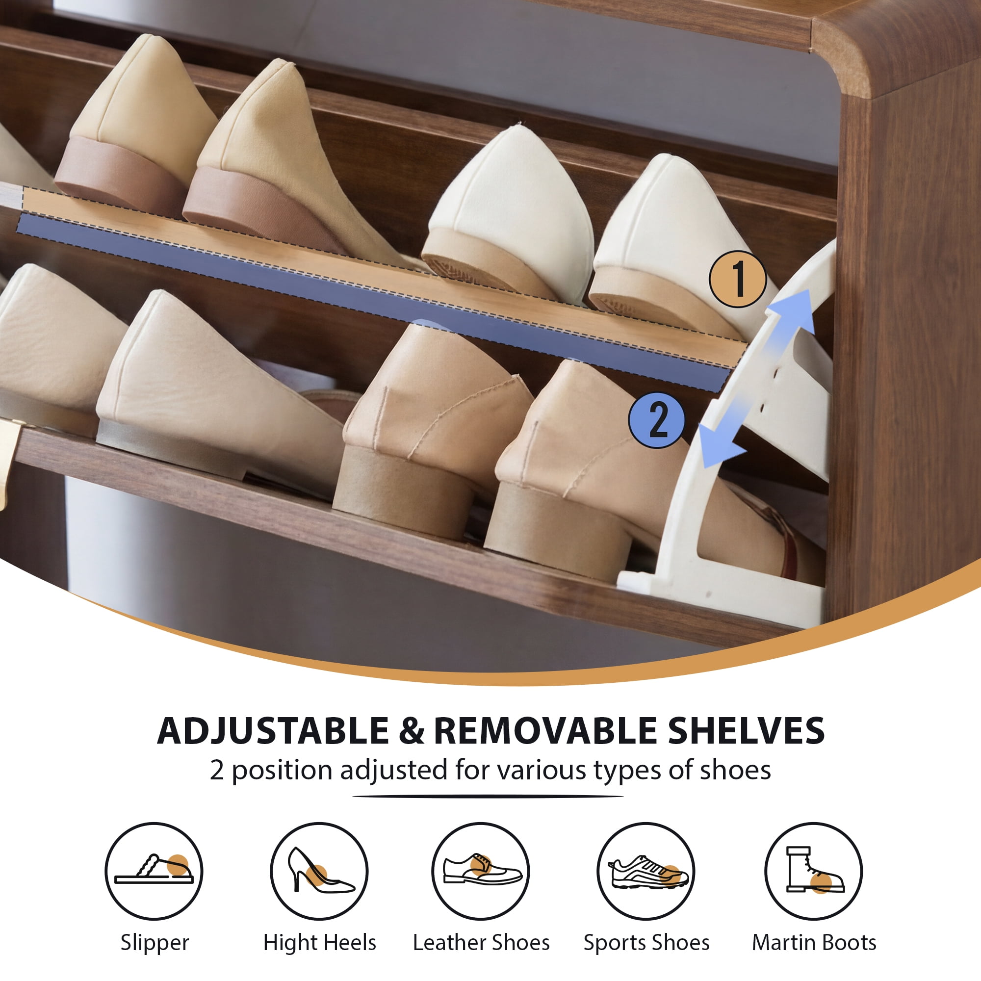 Wirrytor Walnut Curved Printed 2 Flip Drawer Shoe Cabinet, 85cm Double Layer Narrow Shoe Storage Organizer, Adjustable Shelf Entryway Shoe Rack With Anti-Tip Design For Hallway Bedroom