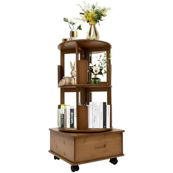 2 Tiers Rotating End Table, Bamboo Round Storage Table Side Table with 8 Compartments & One Drawer, Removable Bedside Table Bookcase Sofa Side Nightstand with Rolling Wheels, 16.1*16.1*31.9in