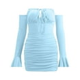 thumbnail image 3 of Womens Sexy Off Shoulder Ruched Bodycon Mini Dress Ruffle Long Sleeve Chest Lace-Up Dress Party Club Short Dresses, 3 of 7