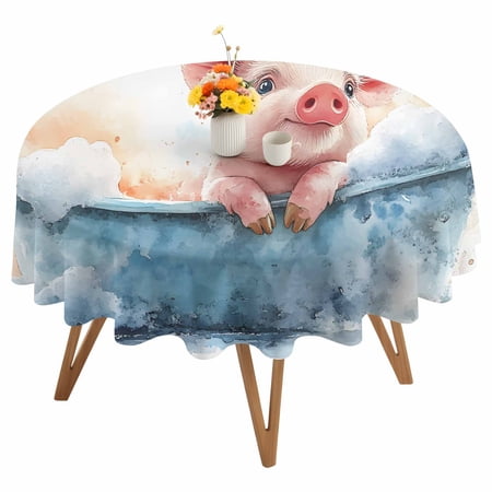 Pig Bathing Round Tablecloth 54 inches in The Bathtub Waterproof Oil-Proof Table Cloth Round Table Cover for Holiday Party Picnic Dinner Decor Indoor and Outdoor Use