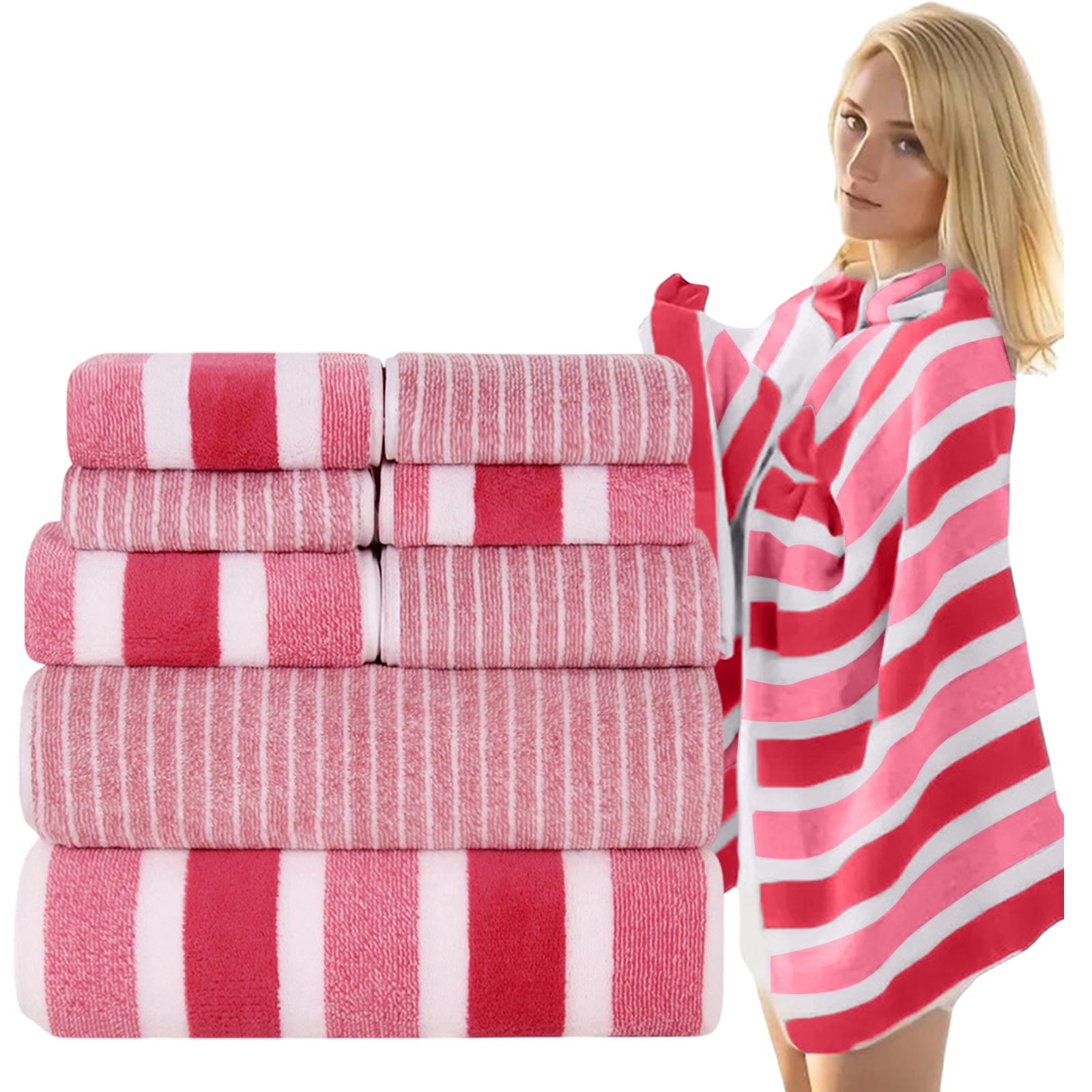 Ultra Soft Bath Towel Set 8-Piece, Velvet Wide Stripe Towel Washcloth Bath Towel, Microfiber Absorbent Quick Dry Towels for Bathroom, Spa, Gym, Pool Shower Beach (Pink)