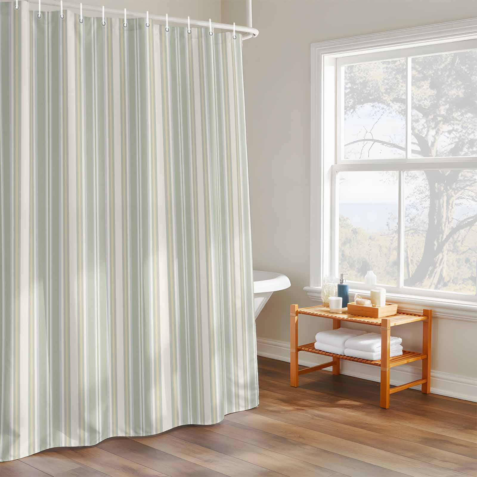 Green Stripe Shower Curtain, Vintage Abstract Art Farmhouse Green Vertical Stripe Waterproof Shower Curtain Set with 12 Hooks Lightweight Bath Curtains Fabric Bathroom Decor 72x72 Inches