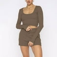 thumbnail image 2 of Womens 2 Piece Outfits Long Sleeve U Neck Crop Top and Shorts Matching Lounge Set Loungewear Sweatsuit Pajama Set, 2 of 7