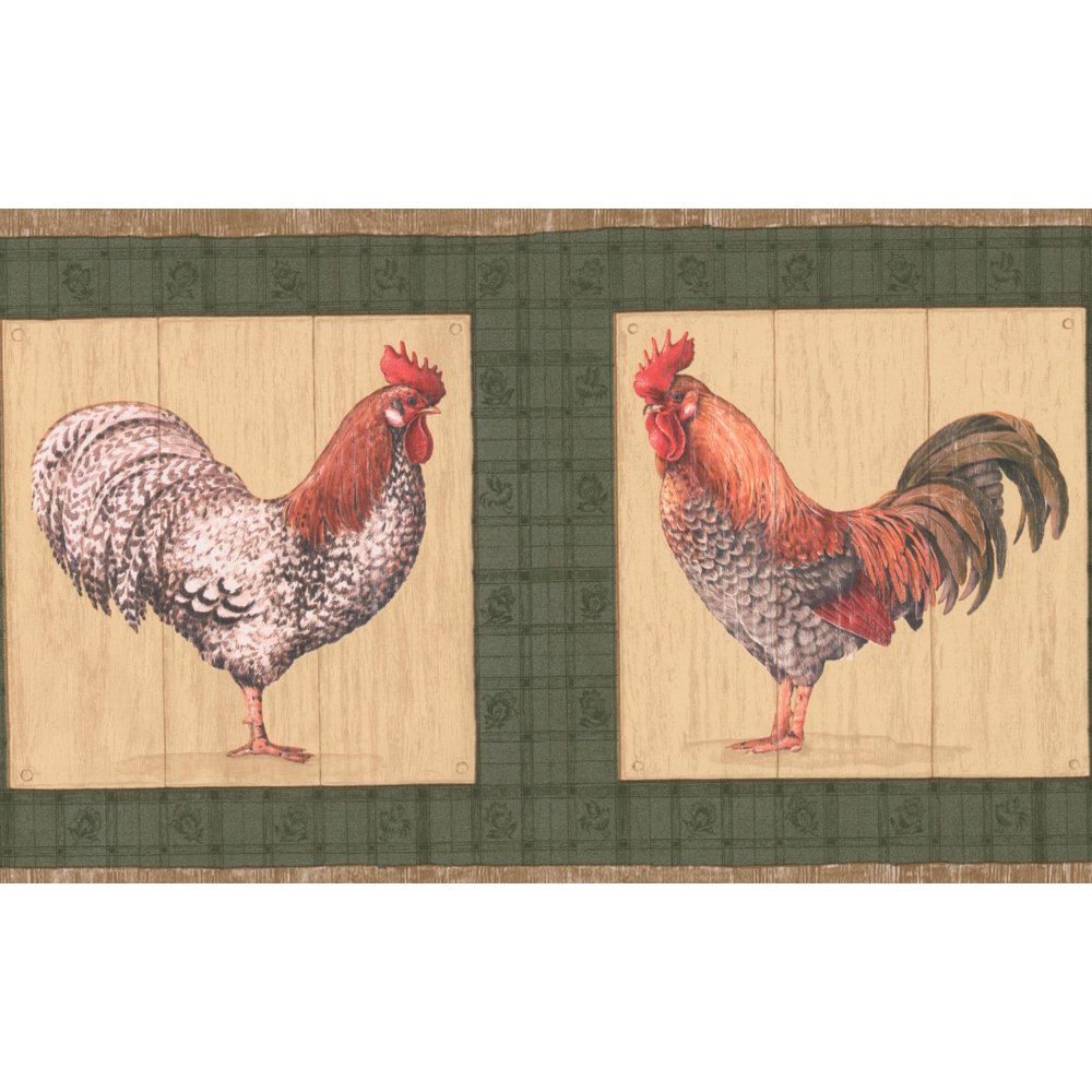Wallpaper Border Rooster Plaque on Green Wall Kitchen Bathroom Wall