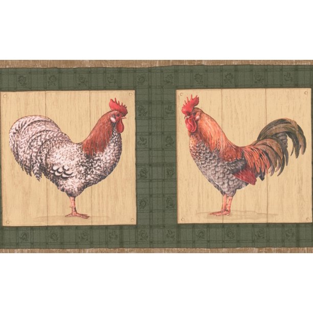 Wallpaper Border Rooster Plaque on Green Wall Kitchen Bathroom Wall