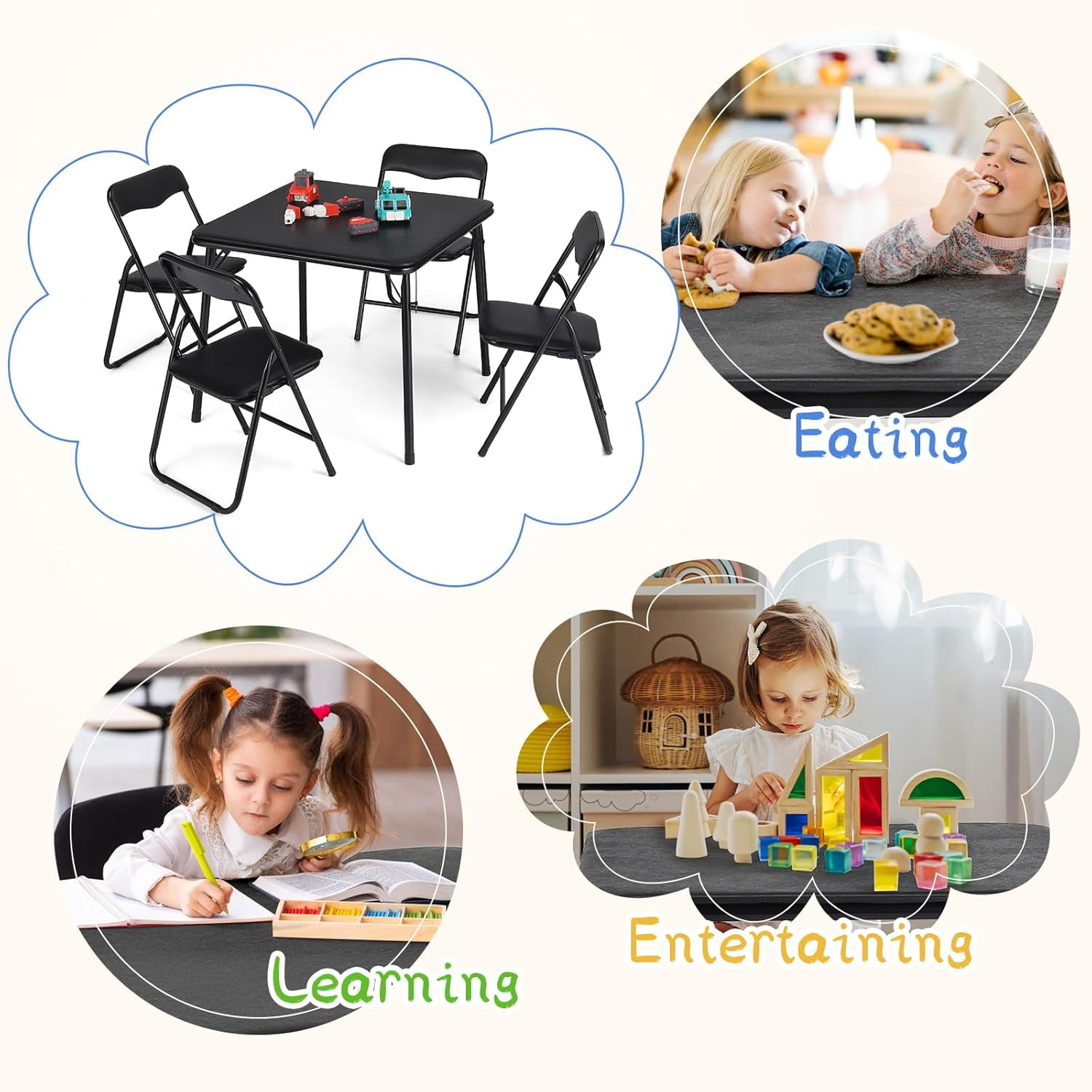 Twister.CK Kids Folding Card Table and Chair Set of 5, Upholstered Foldable Table and Chair Set, Portable Metal Frame Activity Table and Chairs Set for Eating, Reading, Playing, Black
