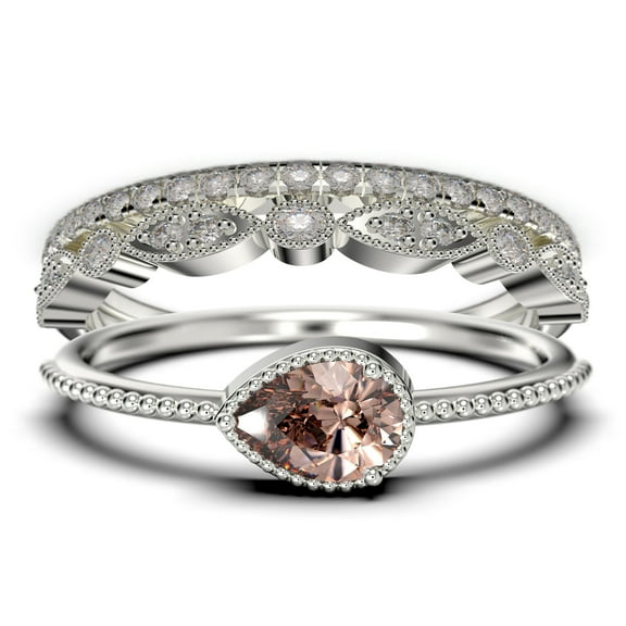 2.10 Carat Pear Cut Morganite And Diamond Moissanite Classic Engagement Ring, Modern Wedding Ring in 925 Sterling Silver With 18k White Gold Plating, Promise Ring, Dainty Ring, Trio Rings Set