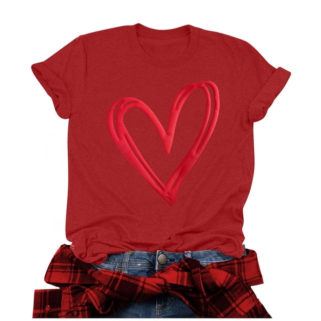 Penkiiy T-Shirts de la Saint-Valentin pour Femmes Imprimés Graphiques Mignons Cœur d'Amour Manches Courtes Décontractées 2TG Rouge