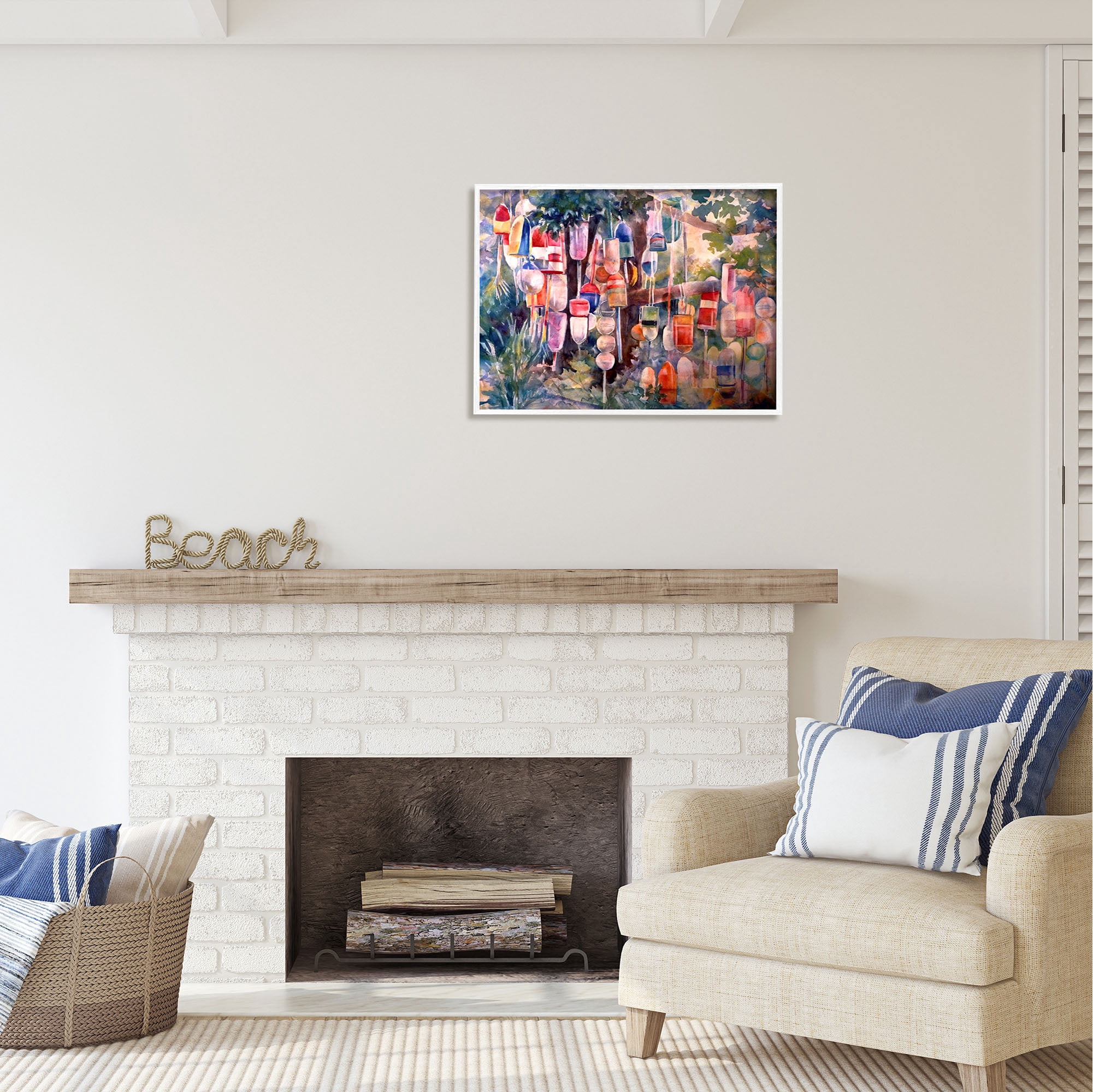 Stupell Industries Maritime Buoys on Tree Nature Painting White Framed Art Print Wall Art, 30 x 24