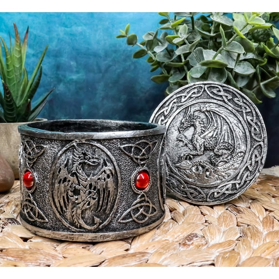 Ebros Gift Celtic Triad Red Gem Dragon Round Decorative Box Figurine 3.25"D