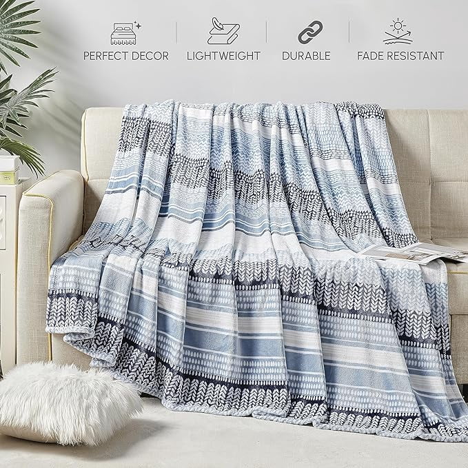 Elegant Comfort Soft Print Flannel Fleece Bed Blanket, Cozy-Fuzzy Lightweight Bedspread Coverlet, All season Decorative Blanket for Couch, Sofa, Striped Design, King Size, Anissa