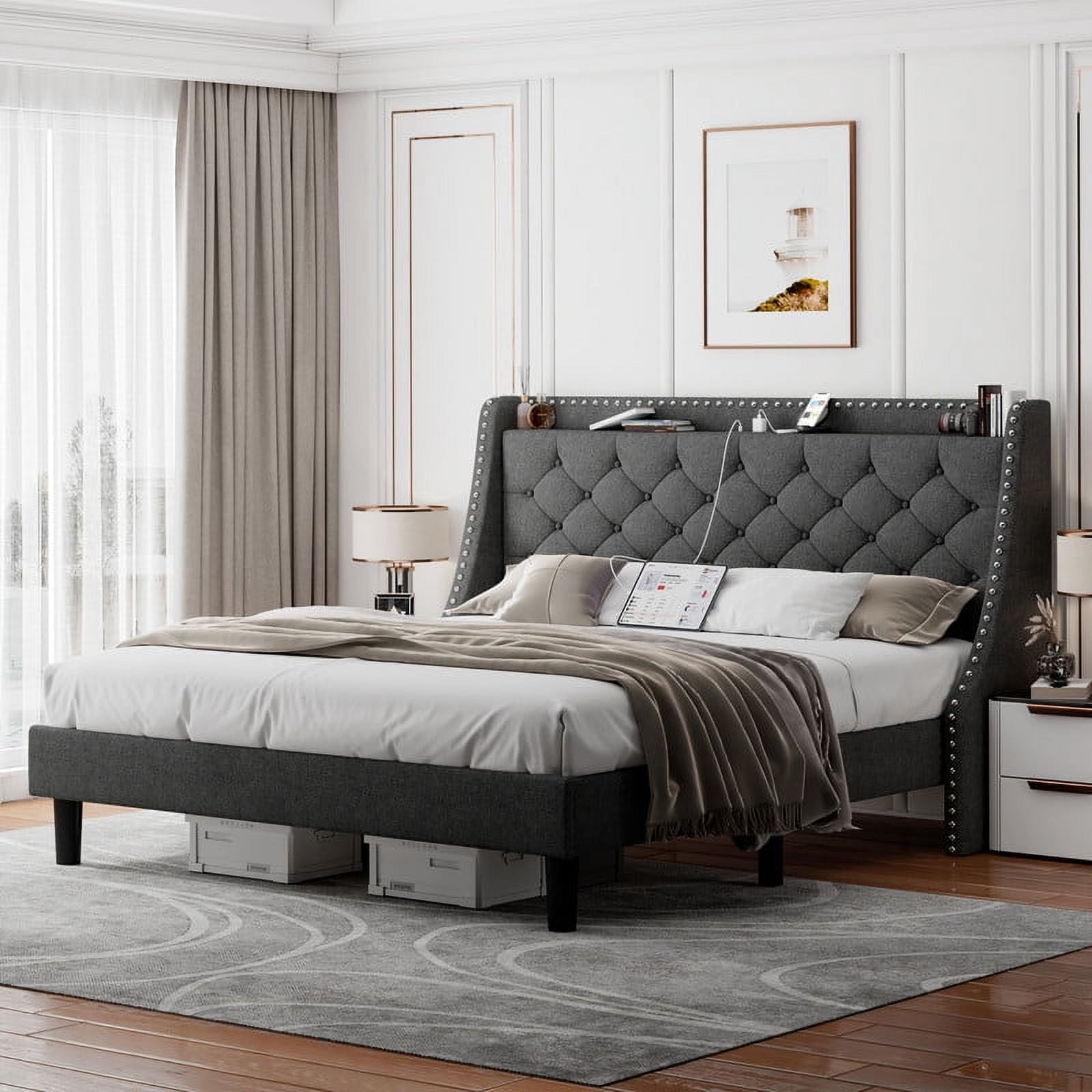 iPormis Queen Bed Frame with Upholstered Wingback Button Tufted Storage Headboard, Luxurious Platform Bed with Charging Station, Sturdy Wooden Slats Support,No Box Spring Needed, Dark Gray