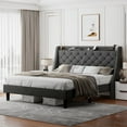 thumbnail image 3 of iPormis King Bed Frame with Upholstered Wingback Button Tufted Storage Headboard, Luxurious Platform Bed with Charging Station, Sturdy Wooden Slats Support,No Box Spring Needed, Dark Gray, 3 of 7