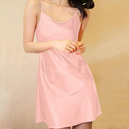 Xixinqiwan Women Sexy Lingerie Silk Satin Nightgown Mini Slips V Neck Negligee Chemise Sleepwear with Adjustable Straps Watermelon Red M