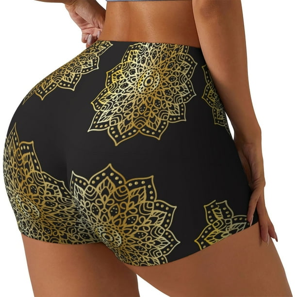 Fotbe Gold Mandala Shorts Sin Costuras – Shorts Deportivos de Cintura Alta para Mujer, Elásticos para Gimnasio, Yoga, Running o Ciclismo-Small