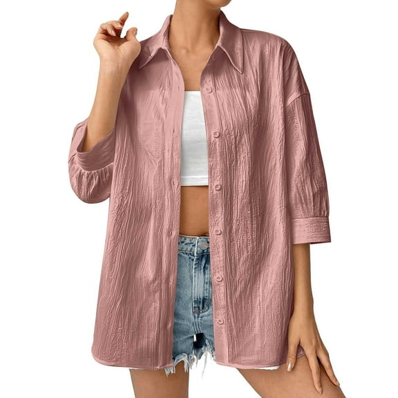 Ltctricy Women's Oversized Button down Shirts 3/4 Sleeve Collared Pleated Beach Cover Up Tops Casual Loose Blouses(Pink,X-Large)