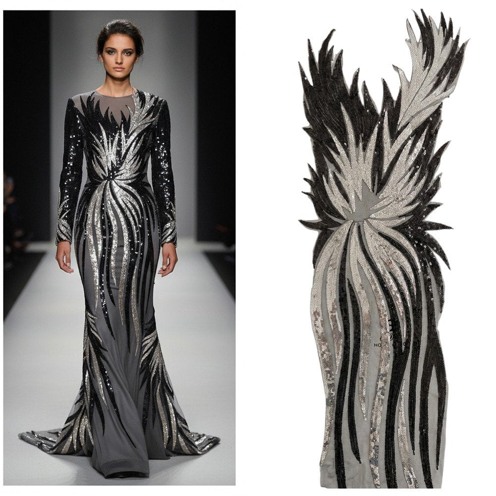 Hzzsbu Sequin Embroidery Appliques Fabric Apparel Decoration Evening Dress Striped Angle Embroidered Sequin Long Material