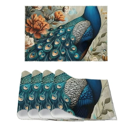 

FACANNAP Peacock Flowers Android Jones Canvas Placemats (Set of 4) - Home Party Decor for Kitchen Dining Seasonal Decoration 11.8*17.7in