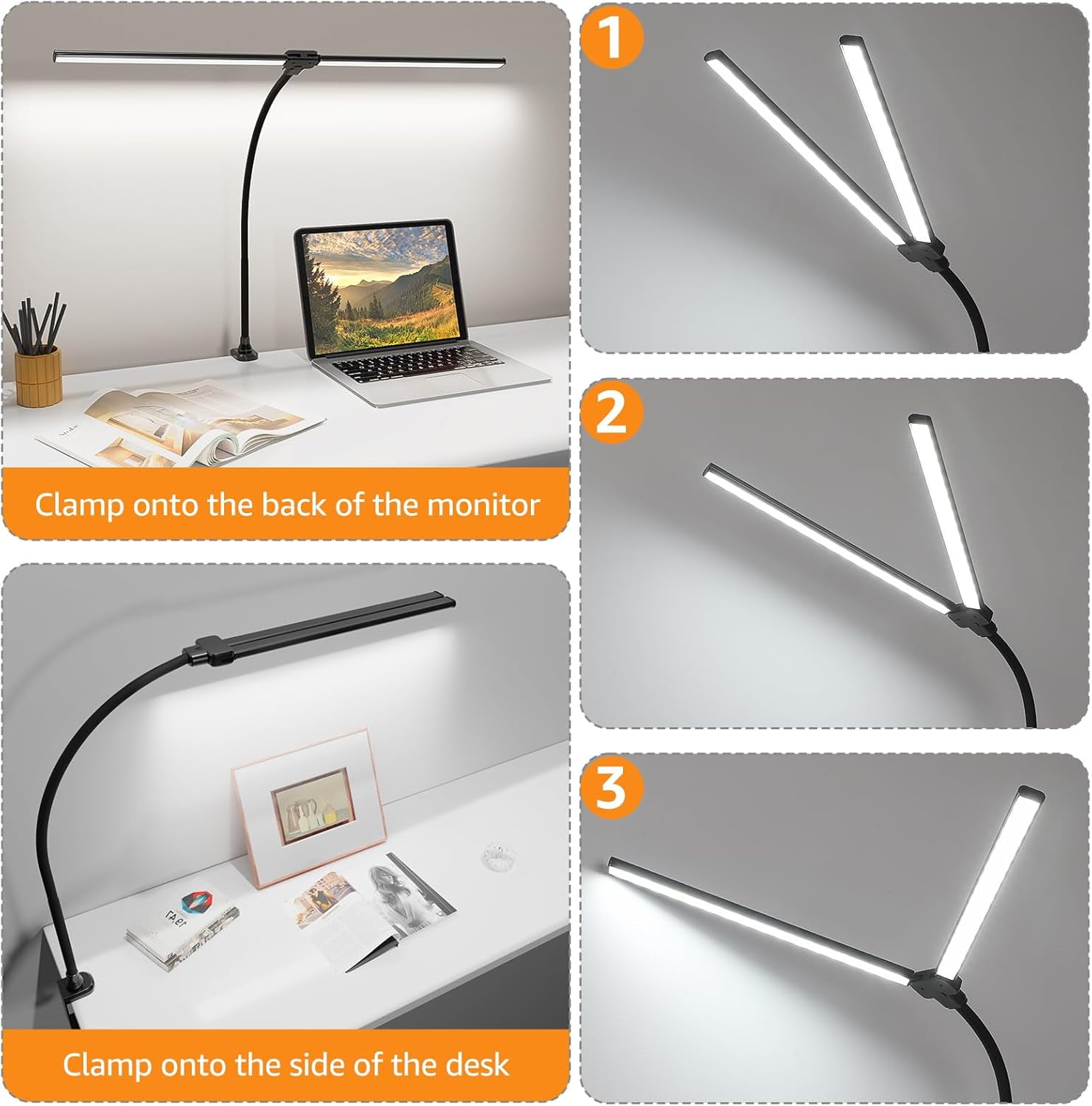 Senhu Led Desk Lamp for Office Home, Bright Double Head Desk Light with Clamp, Architect Task Lamp 30 Lighting Modes Adjustable Flexible Gooseneck