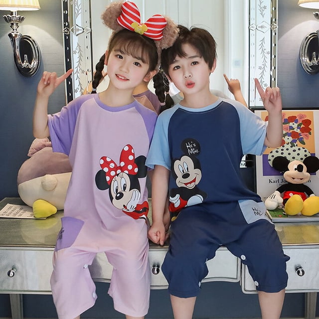 Mickey y Minnie, novedad de verano, conjunto de pijamas para niños, ropa de dormir fina de algodón de manga corta de una pieza con dibujos animados para bebés y niñas, 10 95-105cm zhangyuxiang CONDUJO