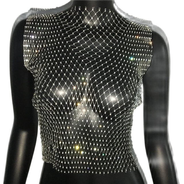 FestivalQueen Sexy Diamonds Mesh Cropped Tank Top Mujer Verano Cubrir Bikini See Through Rhinestone Net Party Club Crop Top Tan Jianjun unisex