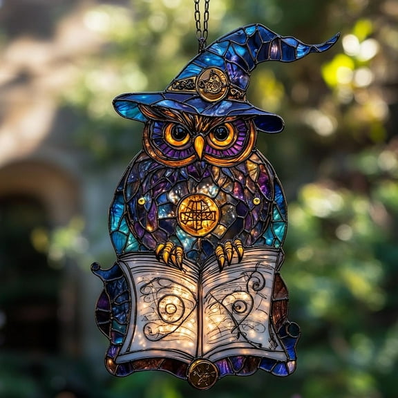 Wizard Owl ACRYLIC Faux Stained Glass Sun Catcher – Mystical Book Window Decor – Gift for Readers & Fantasy Lovers