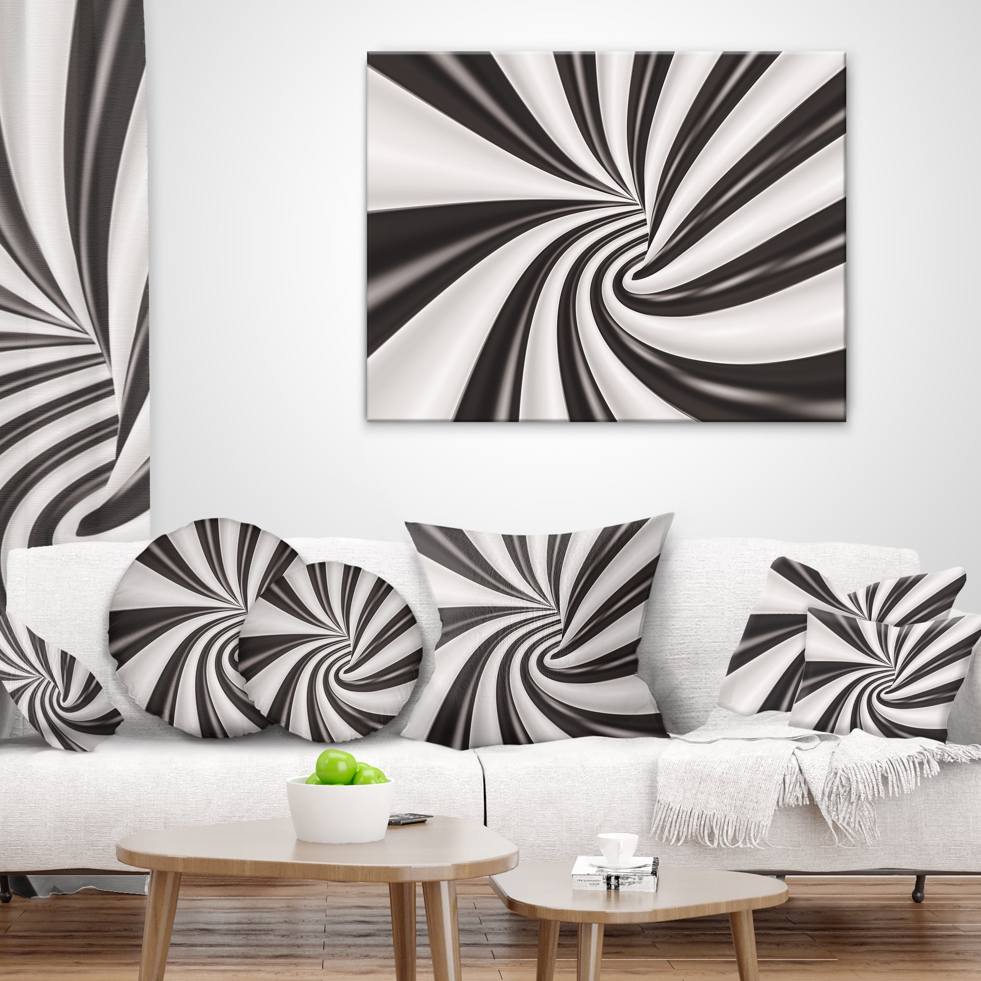 Designart Fractal 3D Black N White Tunnel - Contemporary Throw Pillow - 16x16