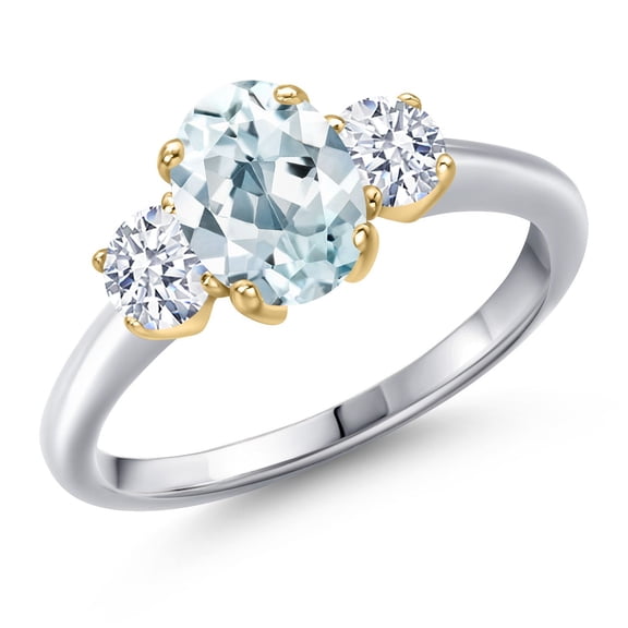 Gem Stone King 925 Silver and 10K Yellow Gold Sky Blue Aquamarine and White Zirconia Engagement Ring for Women | 1.70 Cttw | Oval 8X6MM | Gemstone March Birthstone | Size 7