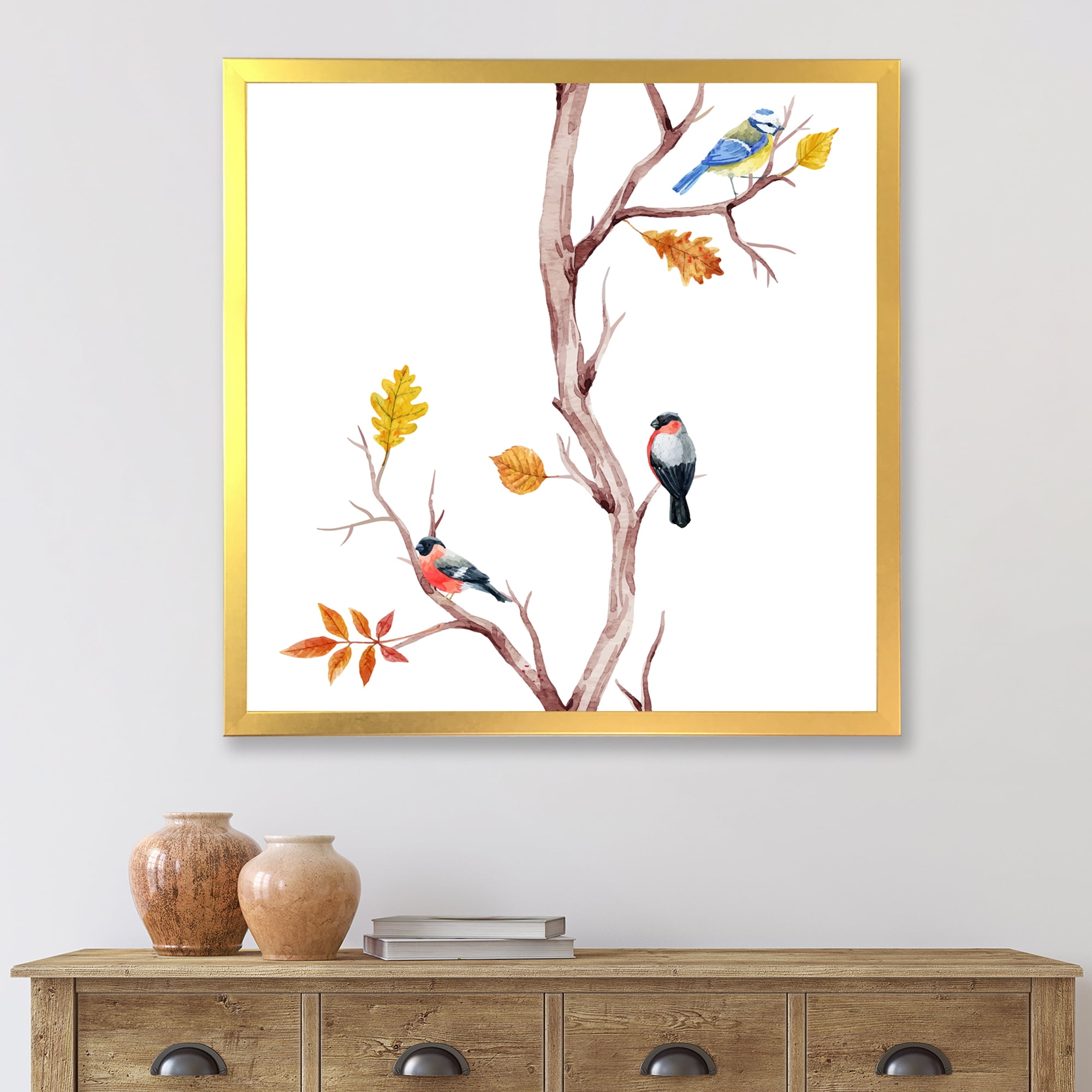Designart 'Little Birds Sitting On The Tree Branches IV' Traditional Framed Art Print
