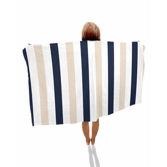 Beige Navy Blue Striped Beach Towels Oversized Super Absorbent, Farmhouse Stripe Art Lightweight Bath Towel Quick Dry Sets For Bathroom/Pool/Rv Camping/Beach Play/Gym Room/Picnic 31"x62"