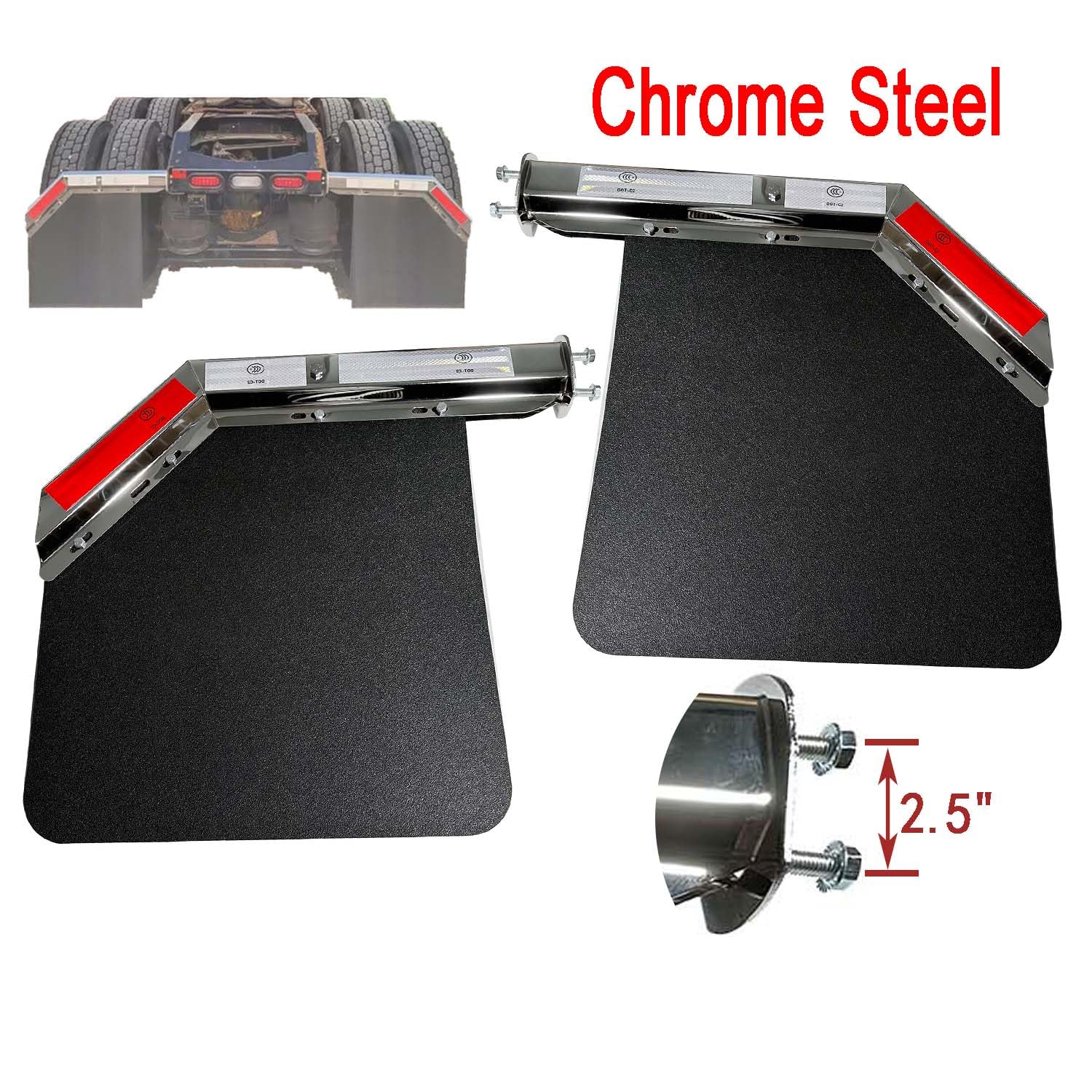 BST BSSP 2PCS Chrome Angled Spring Loaded Mud Flap Hanger Bracket Set&Semi Truck Trailer Duty Mud Flap 24"x24",2-1/2" 2.5" Bolt,Commercial Truck Heavy Duty HD Universal Mudflap, Right & Left Side