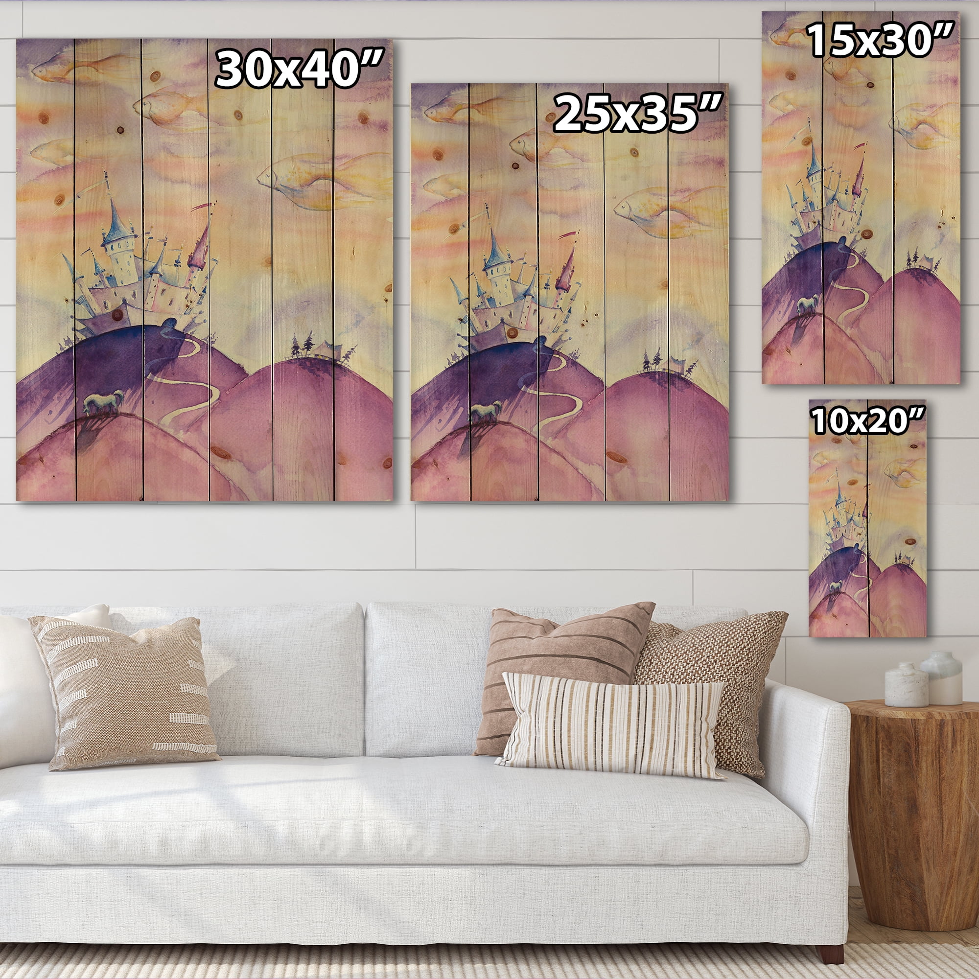 Designart 'Fairy Tale Kingdom Palace On Purple Mountain Top' Children's Art Print on Natural Pine Wood
