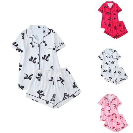 Cute Pj Bow Pajamas Sets for Women 2 Piece Button Up Romantic Valentine s Day Matching Sleepwear White Xl