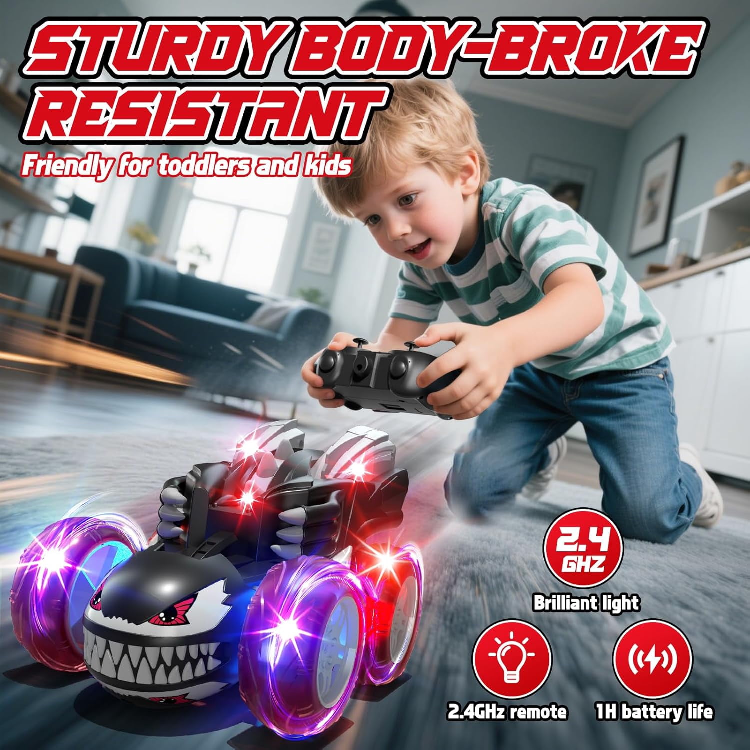RC Stunt Car – Remote Control Car with Cool Lights, Rechargeable, Outdoor Toy Gift for Boys, Funtogether Toys