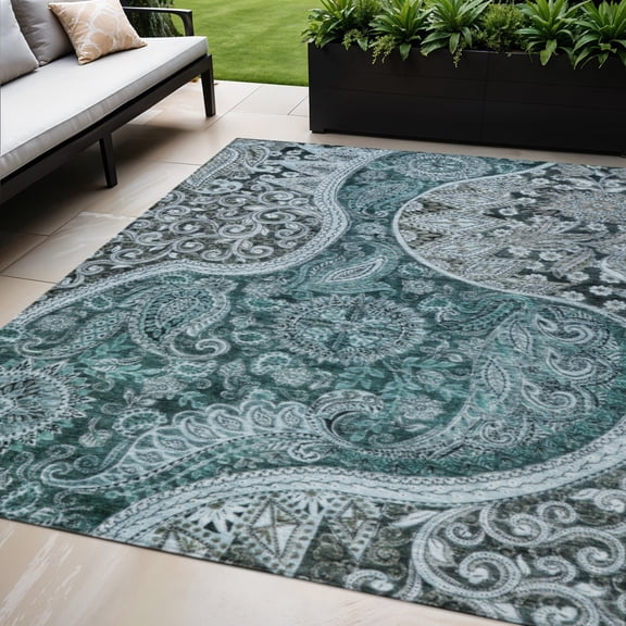 HomeRoots 603198 5 x 8 ft. Teal Blue & Dark Green Floral Medallion Washable Indoor & Outdoor Rectangle Area Rug
