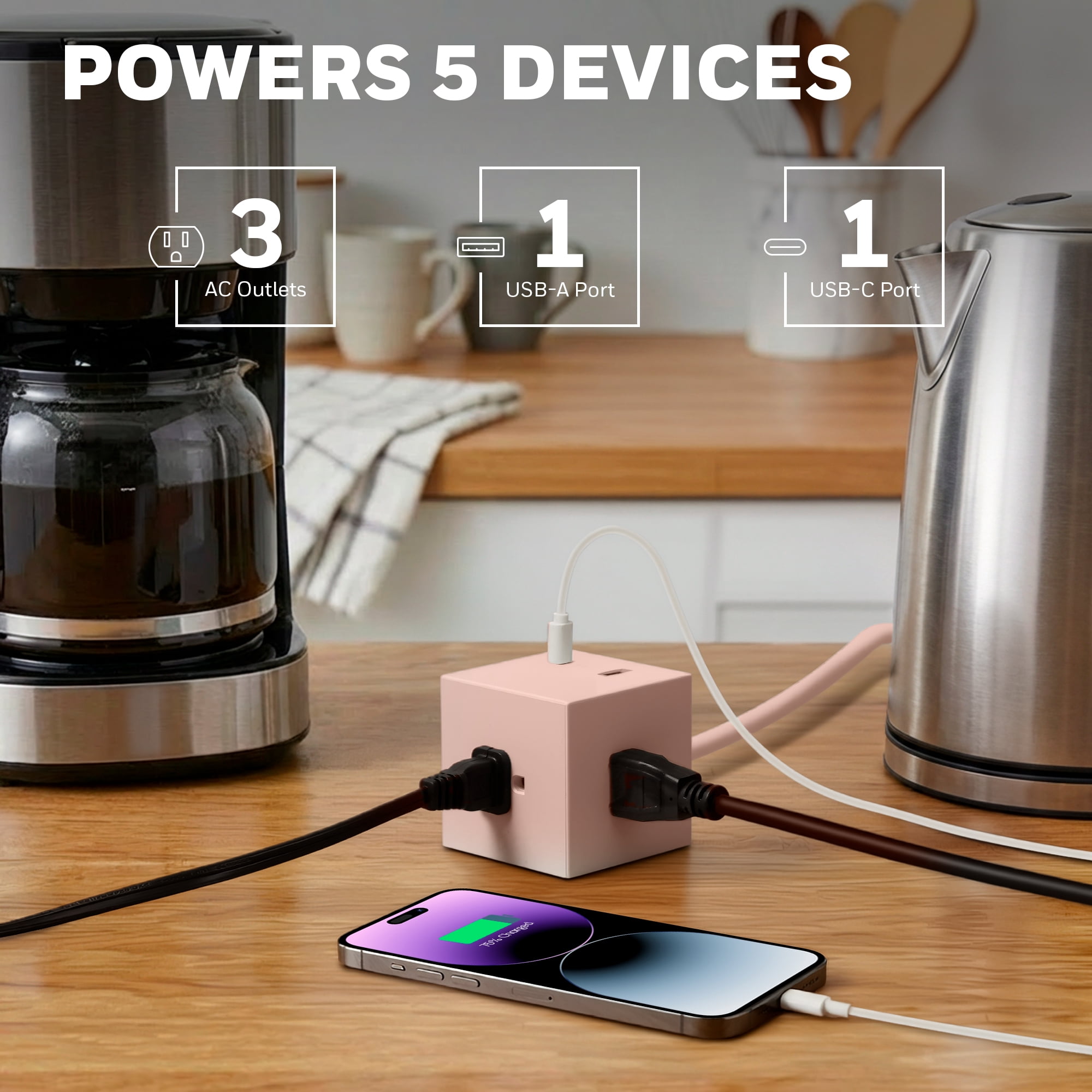 Honeywell Power Cube, 3 Outlets + USB-C & USB-A, 4 ft Cord, Flat Plug, Pink