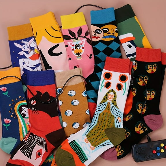 10 Pairs Autumn and Winter 2024 Stockings New Spring Boneless Seam Head Lovers' Socks Cute Rabbit Illustration Pattern Mid-Calf Male and Female Socks Warm-Keeping Socks Home Socks Art Socks